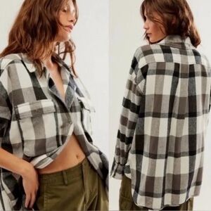 Free People We the Free Black and White Izzy Plaid Cargo Snap Shirt Size Large